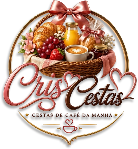 logo cris cestas com uma arte de uma cesta de café da manhã e o nome cris cestas cestas de café da manhã, em tons de marrom e rosa